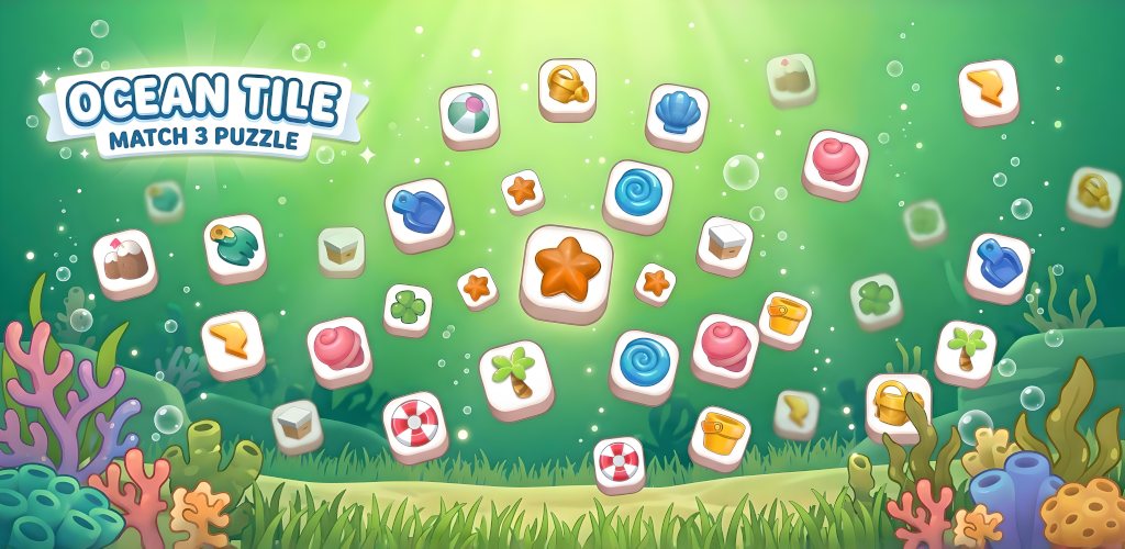 Ocean Tile Match 3: Zen Puzzle, with ocean tiles floating over a reef
