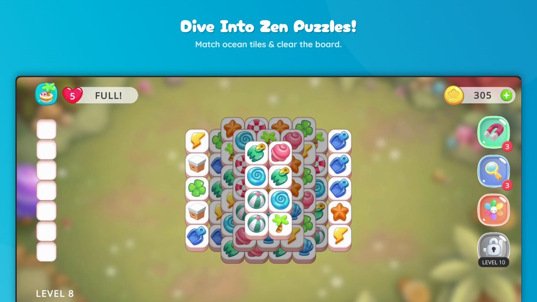 Ocean Tile Match 3 gameplay. Dive into zen puzzles and match ocean tiles to clear the board.