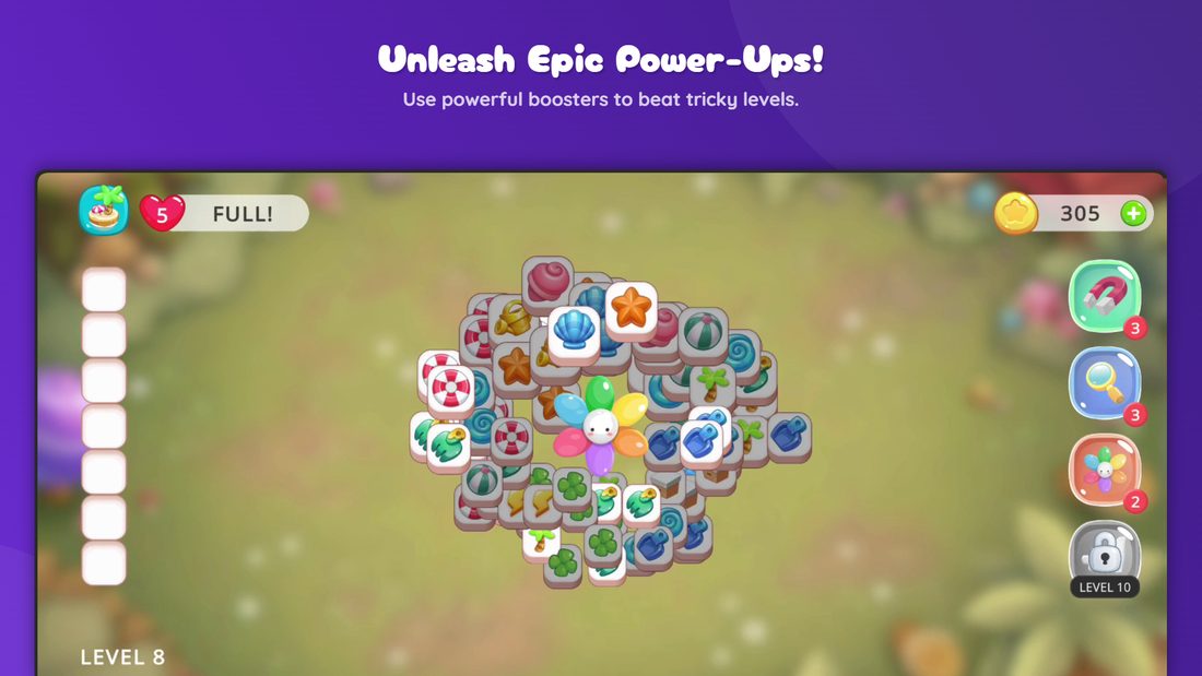 Power-ups beside a tile board, including hint, shuffle, and undo.